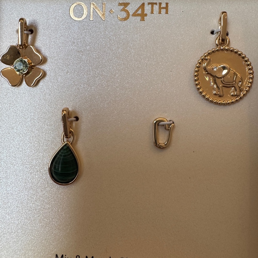 NWT 3 CHARMS w extra clasp Elephant 4 Leaf Clover Green Luck charm ON 34th